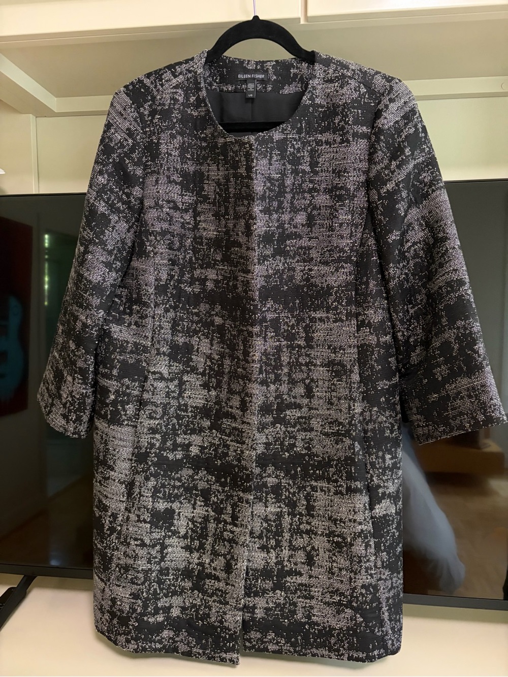 Eileen Fisher Textured Jacquard Open Front Jacket Black Silver L Large